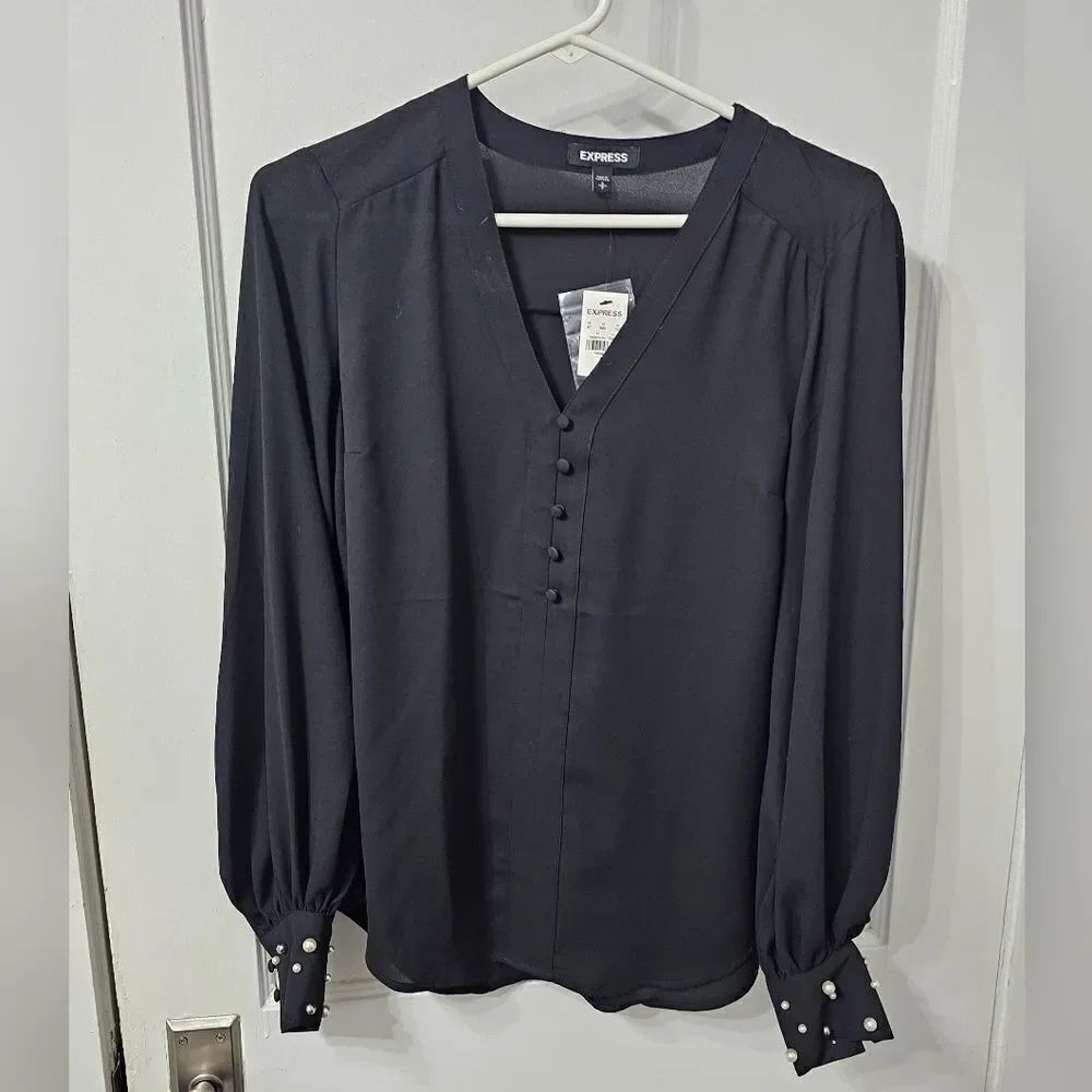 NWT Express Black Long Sleeve Blouse With Pearls On Sleeve Cuffs Size Small